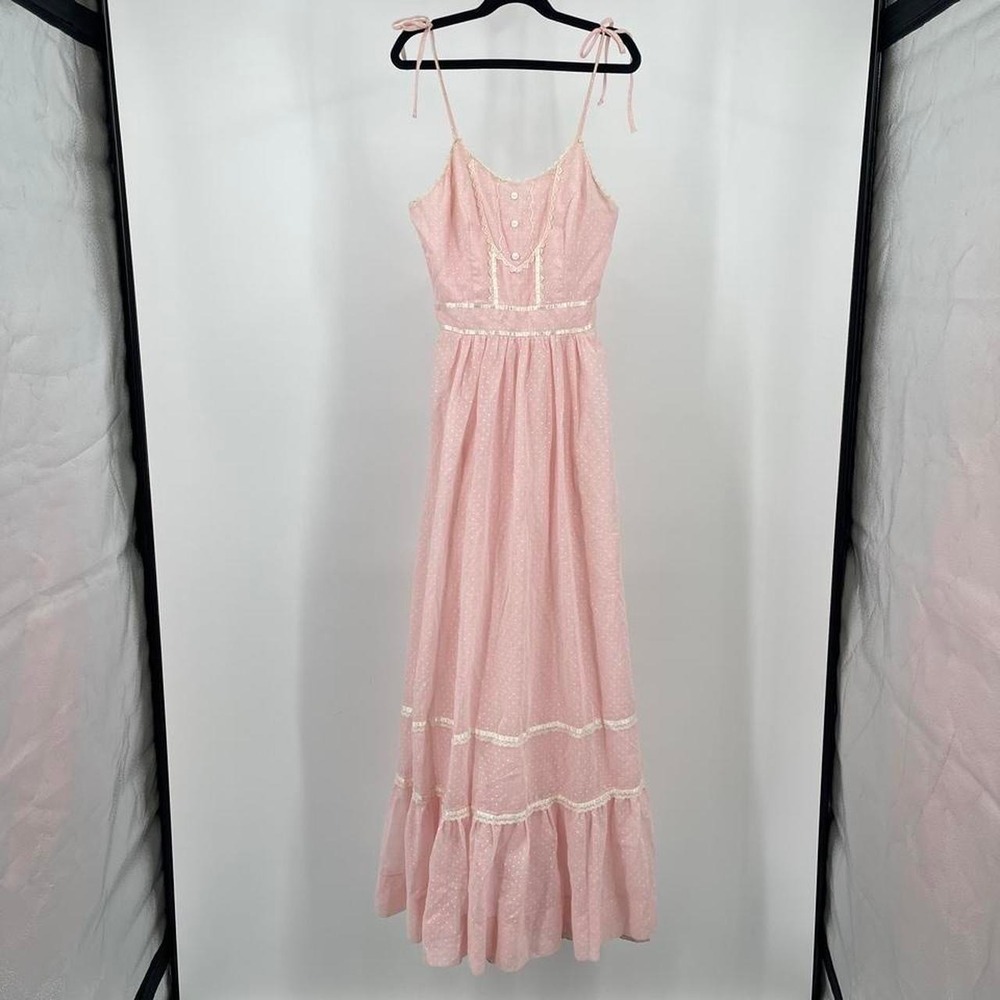 70s Candi Jones Prairie Maxi Dress Pink Polka Dot XS Rare Cottagecore Romantic